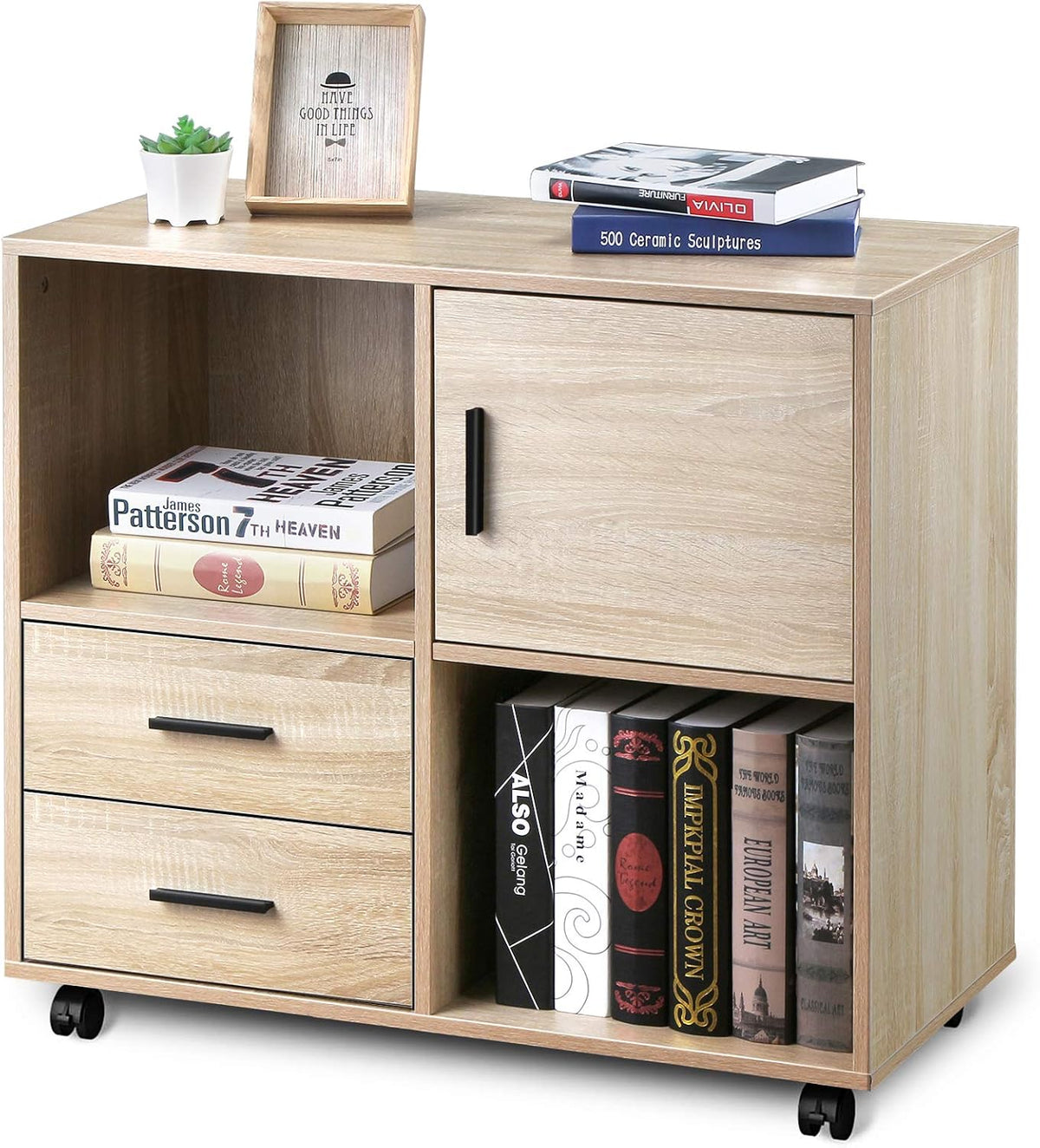 White Oak 2 Drawer Wood File Cabinet with Open Storage Shelves T2478