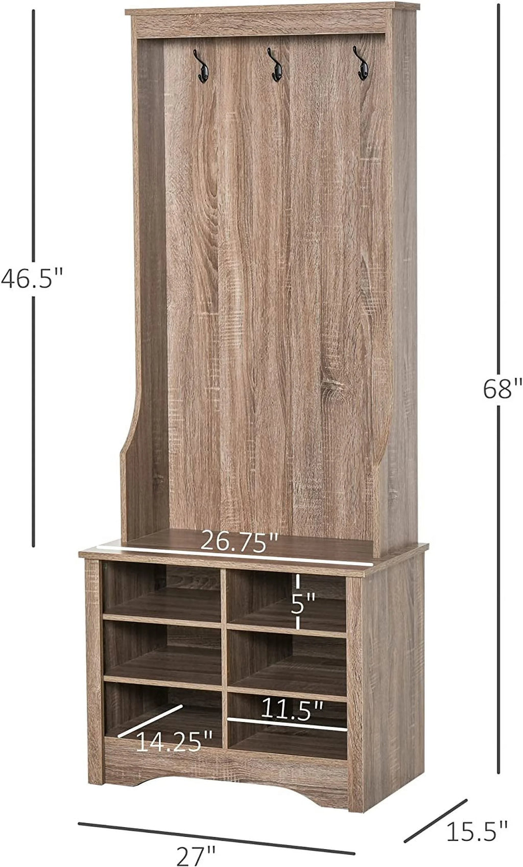 Rustic Brown Hall Tree with Coat Rack and Storage S364