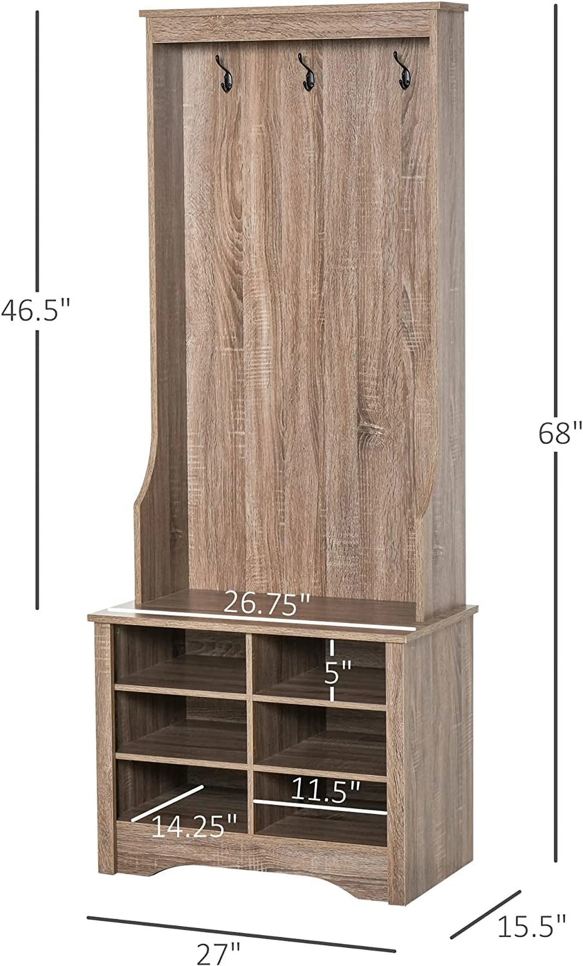 Rustic Brown Hall Tree with Coat Rack and Storage S364