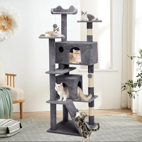 60 Inch Smoky Grey Cat Tree with 2 Cat Condo and Scratching Post G11491