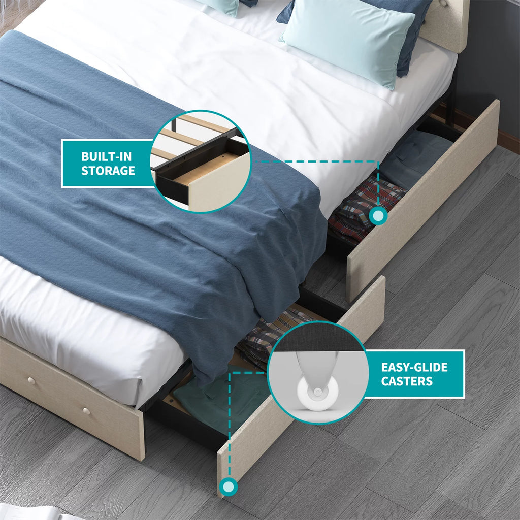 King Bed Frame with Tufted Headboard and 4 Drawers S664