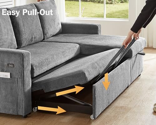 Corduroy Grey L Shaped Sleeper Sofa with Storage Chaise J86254