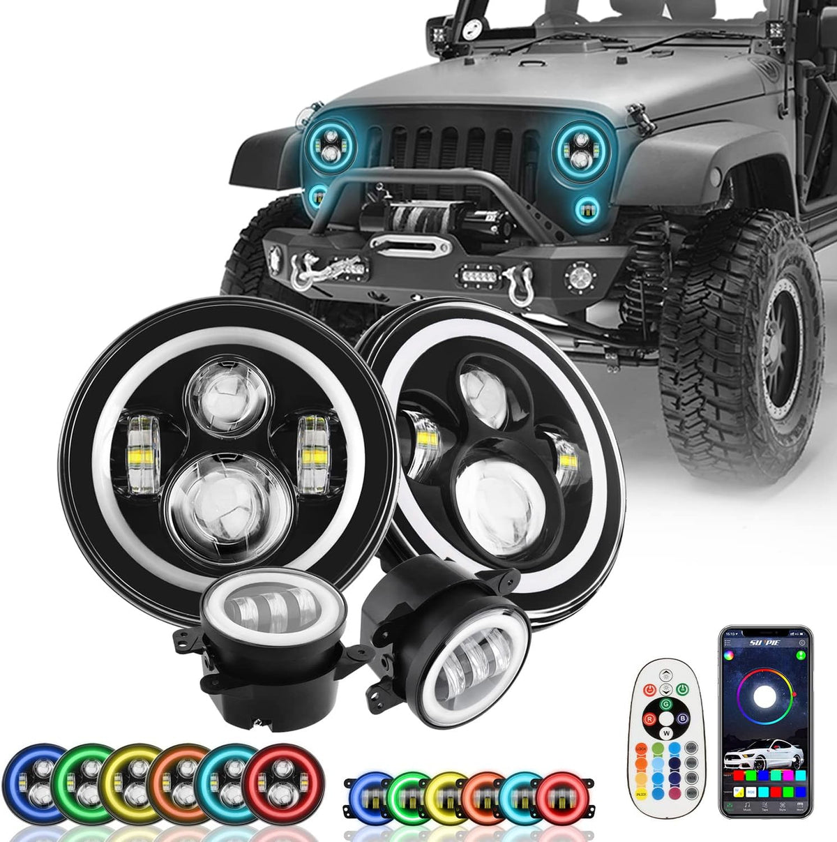 7 inch RGBW Halo LED Headlights and 4 inch Fog Lights Combo D388