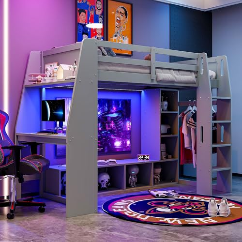 Full Size Solid Wood Loft Bed with Desk and Storage, Grey U559