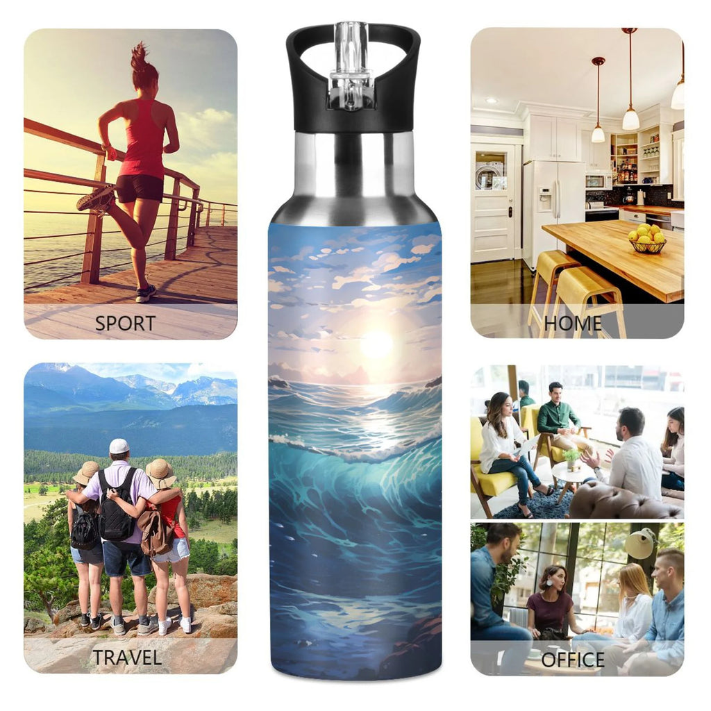 Stainless Steel Insulated Thermos Vacuum Flask Water Bottle with Straw Lid L384130