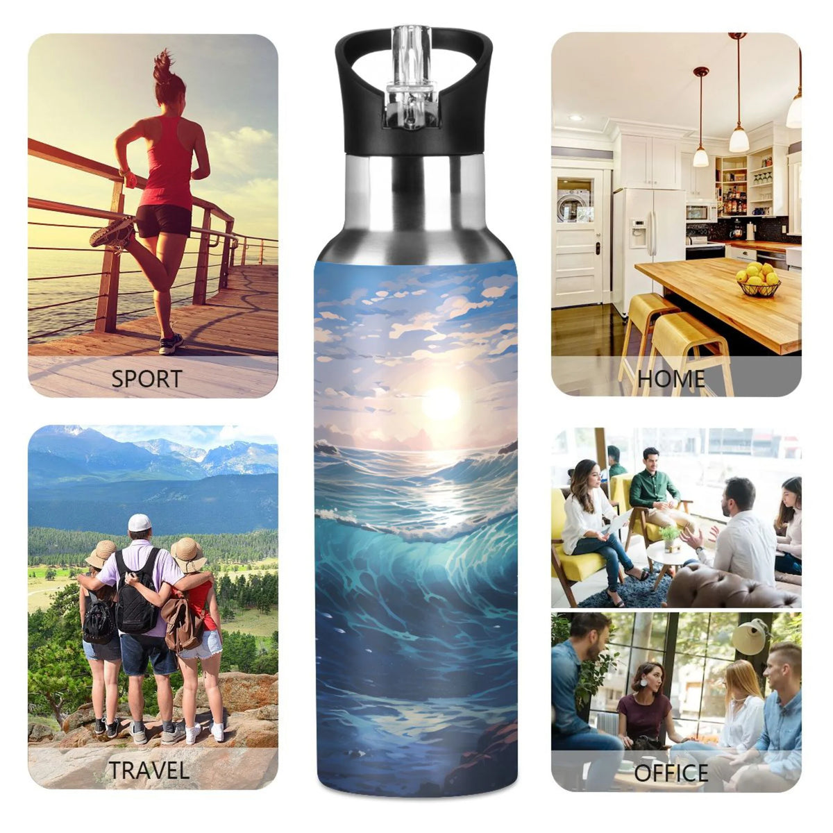 Stainless Steel Insulated Thermos Vacuum Flask Water Bottle with Straw Lid L384130