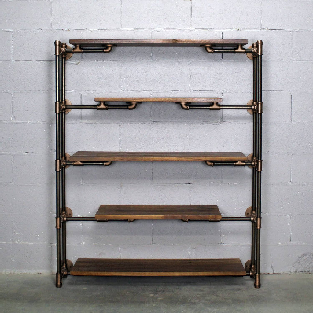 Modern Industrial Floating Tier Etagere Espresso and Hammered Black D4235