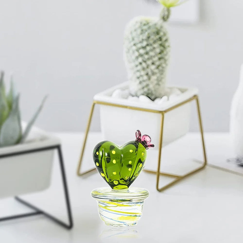 Handmade Blown Glass Cactus Figurines Desk Decorations T8454