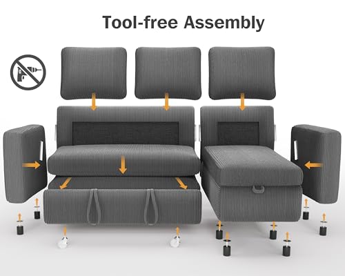 Corduroy Grey L Shaped Sleeper Sofa with Storage Chaise J86254