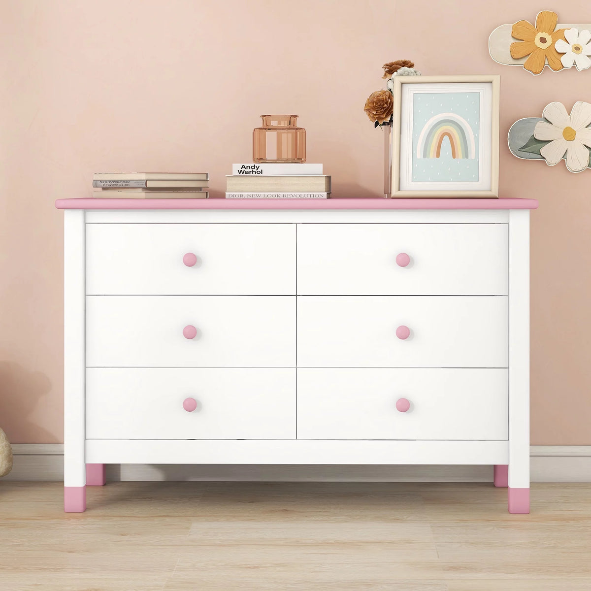 White Pink 6 Drawer Wooden Storage Dresser F61527