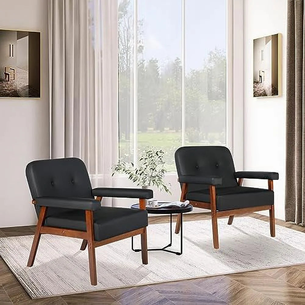Black Faux Leather Accent Chairs Set of 2 with Wood Arms I3014