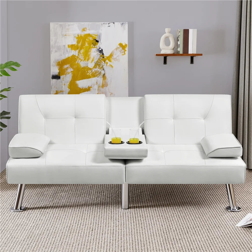White Faux Leather Futon Sofa Bed with Cup Holders C59052