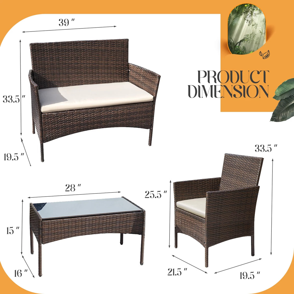 4 Pieces Brown PE Rattan Patio Conversation Set X151613