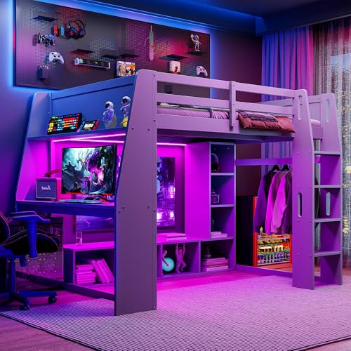 Full Size Solid Wood Loft Bed with Desk and Storage, Grey U559