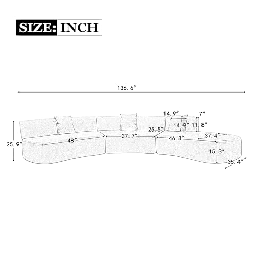 Grey Chenille Curved Sofa Sectional with Three Throw Pillows L9815