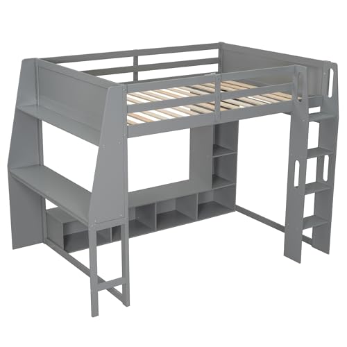 Full Size Solid Wood Loft Bed with Desk and Storage, Grey U559