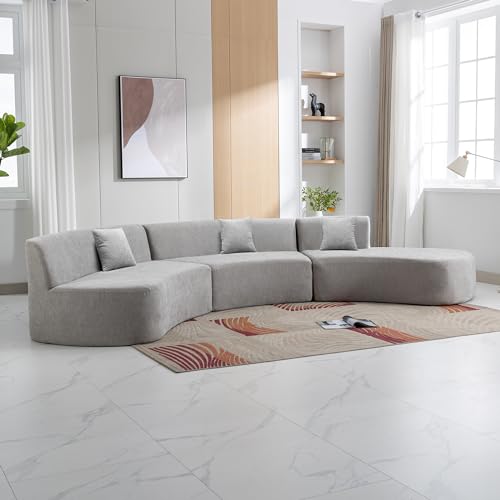 Grey Chenille Curved Sofa Sectional with Three Throw Pillows L9815