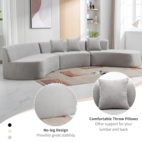 Grey Chenille Curved Sofa Sectional with Three Throw Pillows L9815