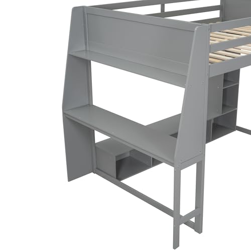 Full Size Solid Wood Loft Bed with Desk and Storage, Grey U559