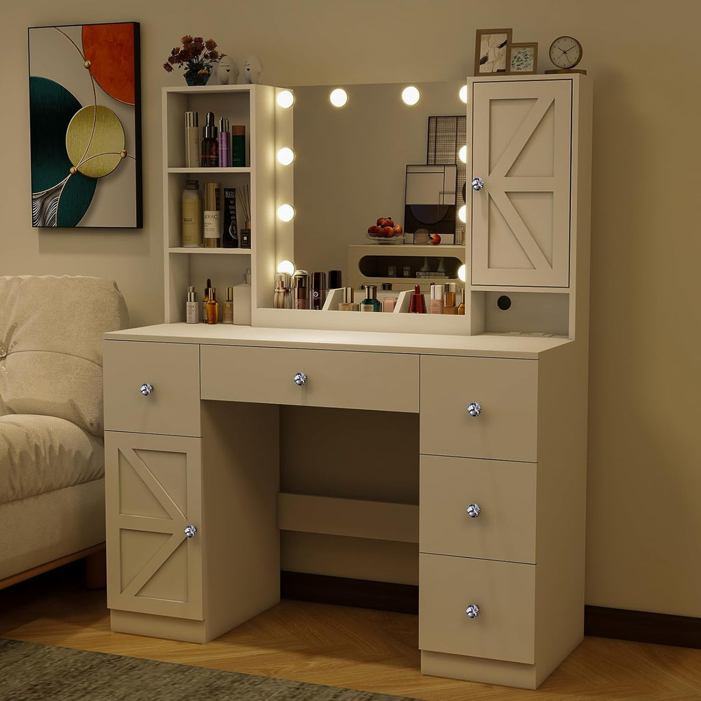 White 45" Makeup Vanity Desk with Lighted Mirror & Jewelry Cabinet, 5 Drawers X59232
