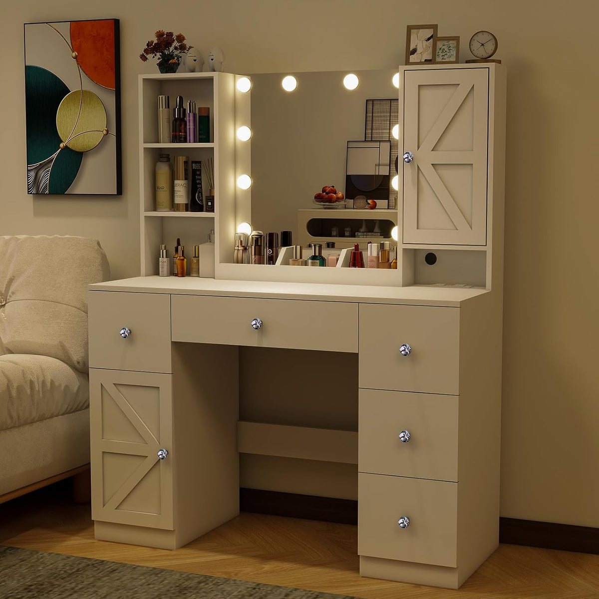 White 45" Makeup Vanity Desk with Lighted Mirror & Jewelry Cabinet, 5 Drawers X59232