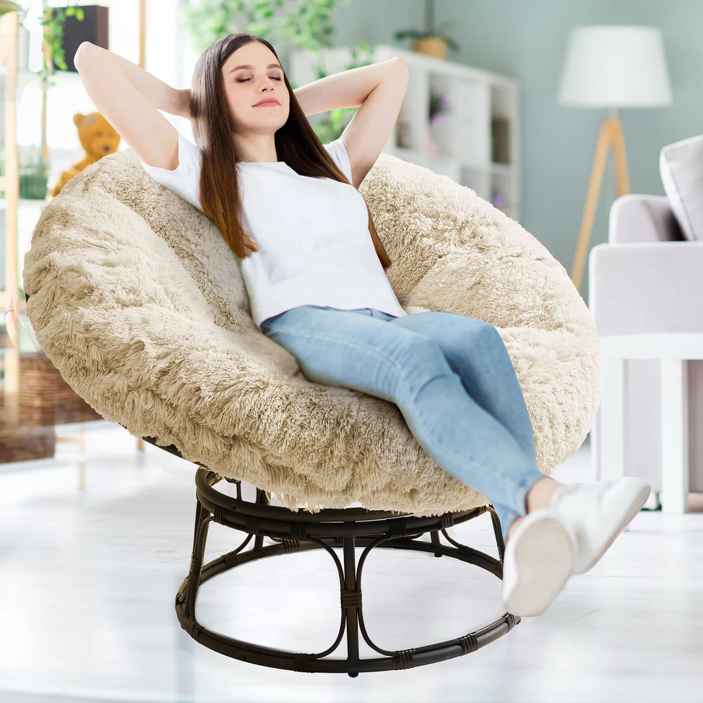 White 48X48 Inch Papasan Chair Cushion with Faux Fur Cover L41196