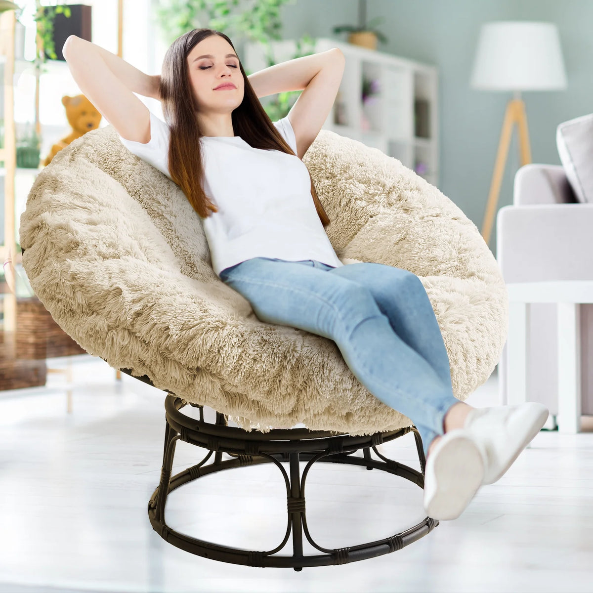 White 48X48 Inch Papasan Chair Cushion with Faux Fur Cover L41196