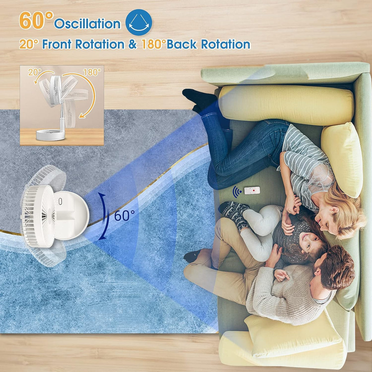 Portable Oscillating Standing Fan with Remote, 8 Foldable Rechargeable Quiet Fan, Pack of 2 W87757