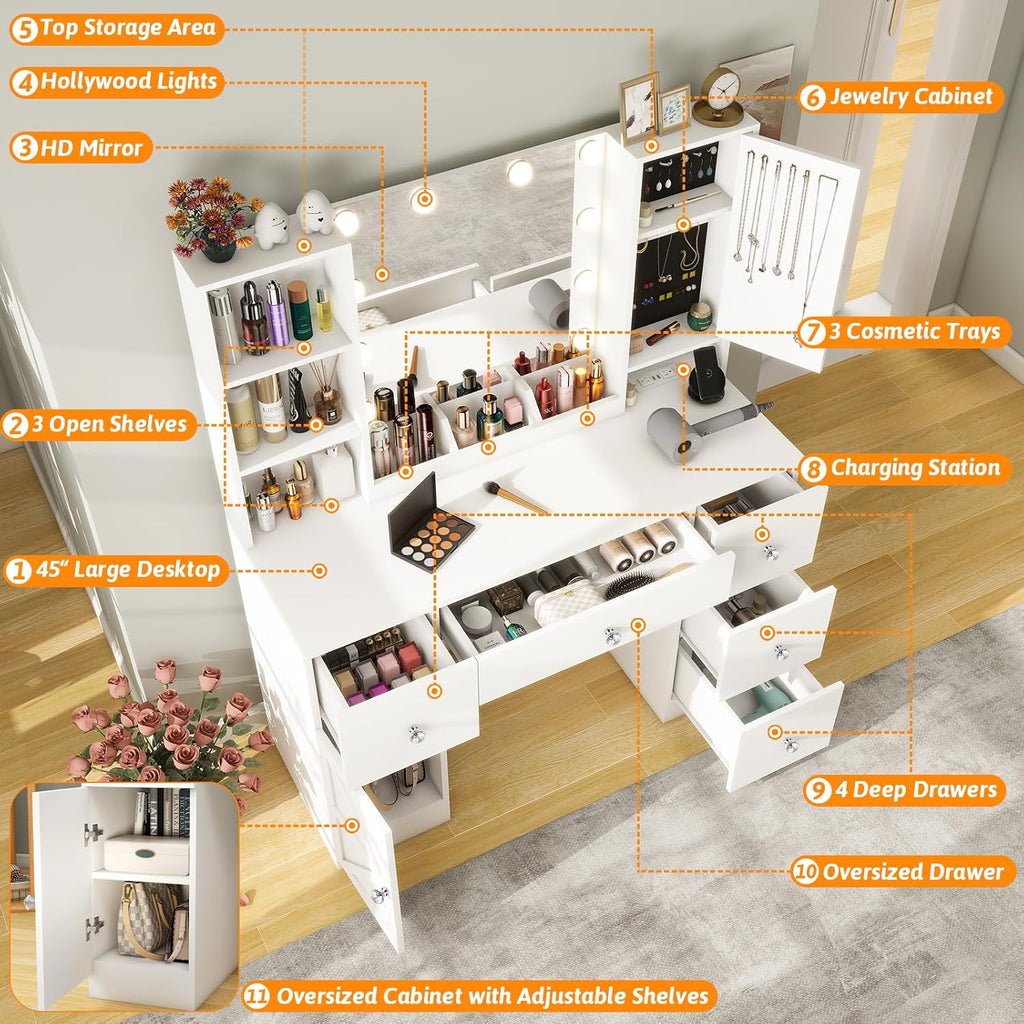 White 45" Makeup Vanity Desk with Lighted Mirror & Jewelry Cabinet, 5 Drawers X59232