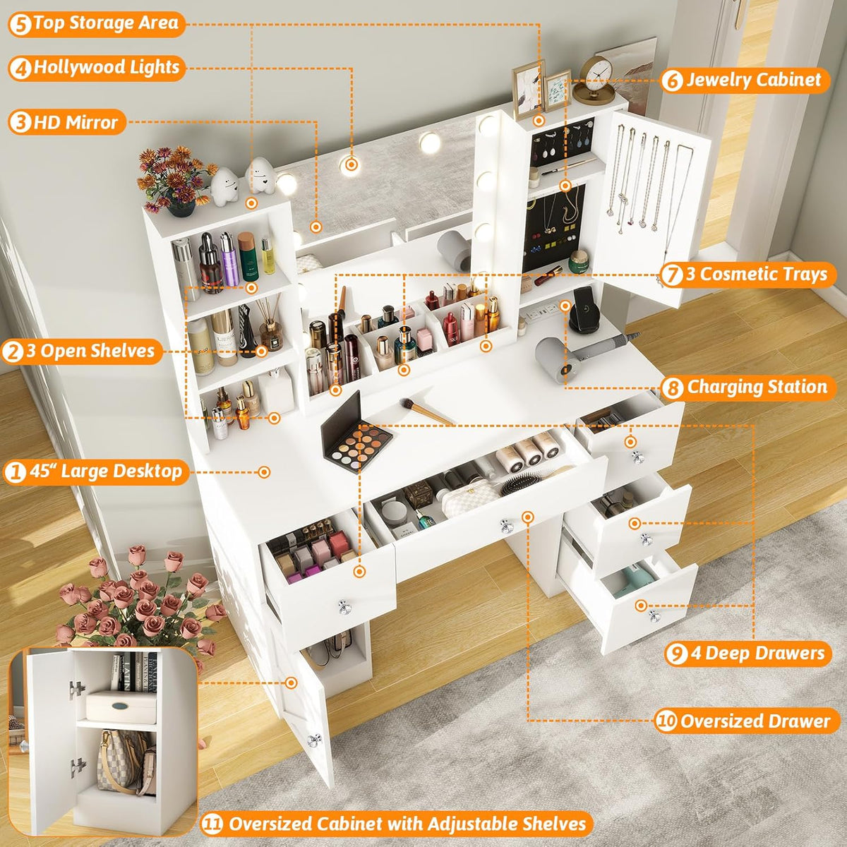White 45" Makeup Vanity Desk with Lighted Mirror & Jewelry Cabinet, 5 Drawers X59232