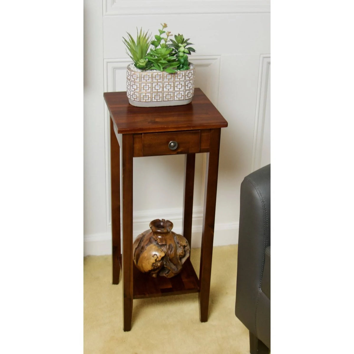 2-Tier Acacia Wood Plant Table with Drawer F7107