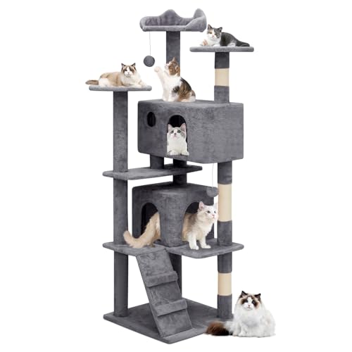 60 Inch Smoky Grey Cat Tree with 2 Cat Condo and Scratching Post G11491