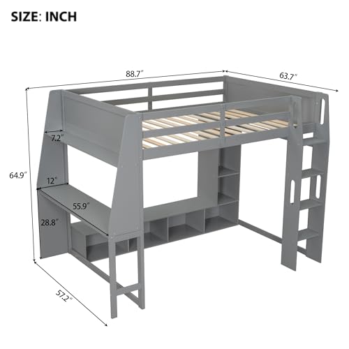 Full Size Solid Wood Loft Bed with Desk and Storage, Grey U559