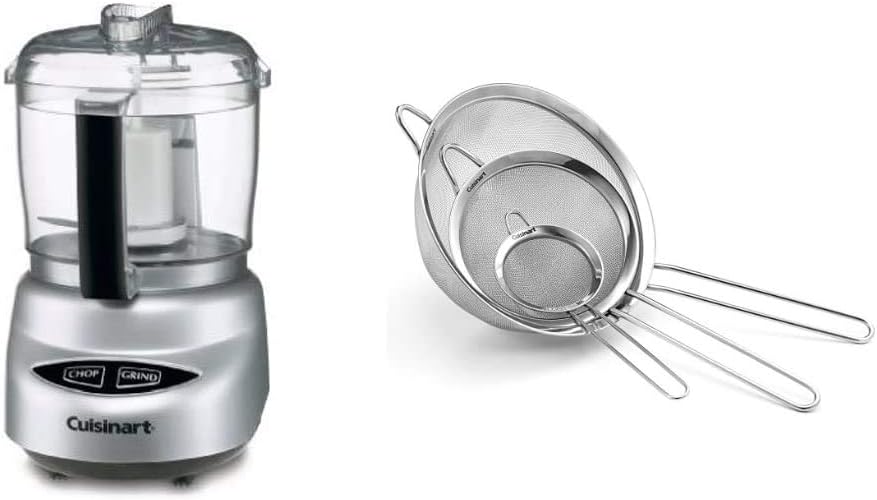 Mini Prep Plus Food Processor Brushed Chrome and Nickel & Set of 3 Fine Mesh Stainless Steel Strainers N3316