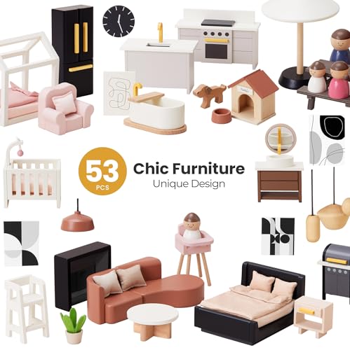 53Pcs Wooden Doll House with Furniture U804501