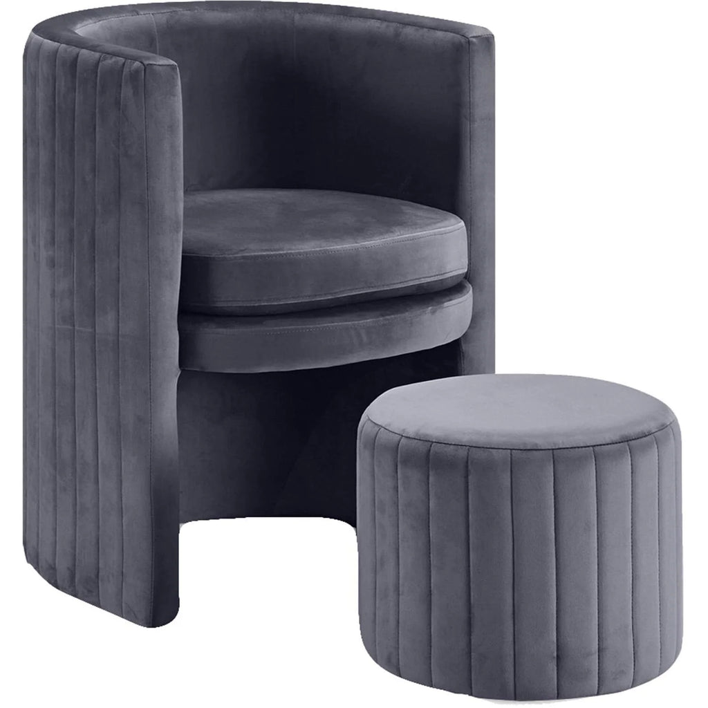 Gray Velvet Round Arm Chair with Ottoman K9754