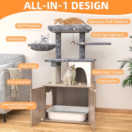 Grey Litter Box Enclosure with Cat Tree and Sisal Scratching Post R2079