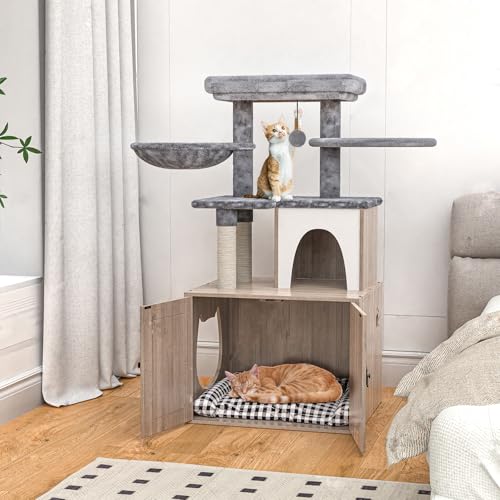 Grey Litter Box Enclosure with Cat Tree and Sisal Scratching Post R2079