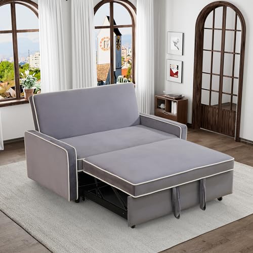 Grey 3 in 1 Convertible Sleeper Sofa with Pullout Bed Flannel 2 Seater Futon Loveseat Couch Bed O797033