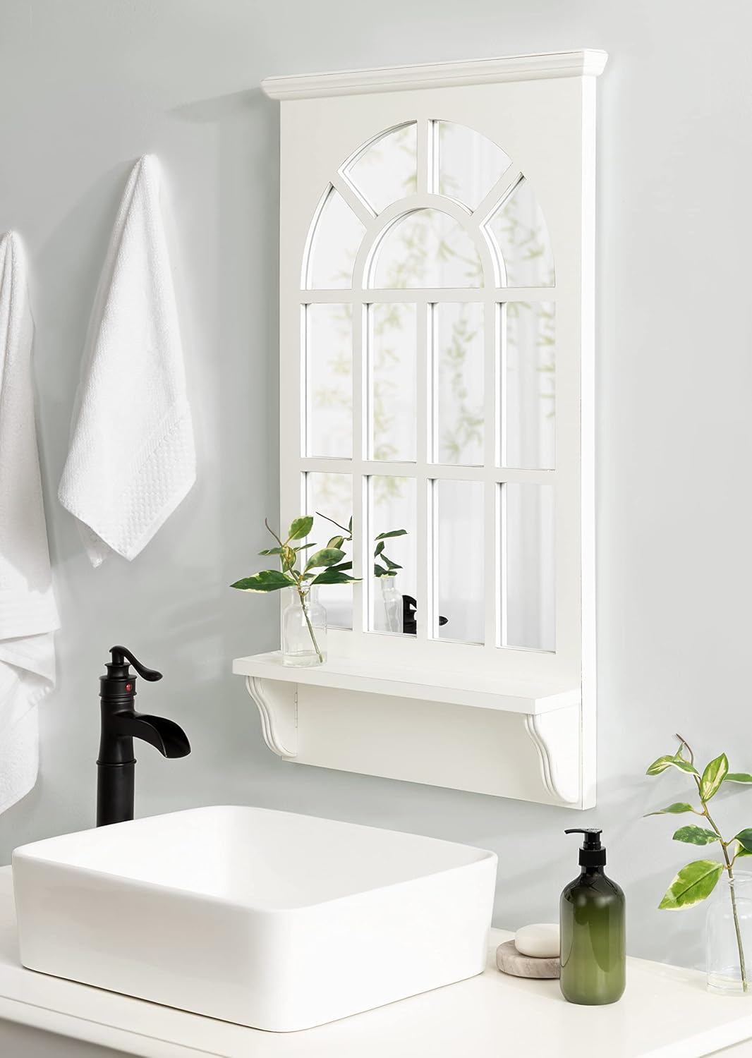 Traditional Arched Mirror with Shelf, 21 x 36, White E5386