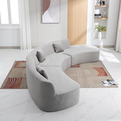 Grey Chenille Curved Sofa Sectional with Three Throw Pillows L9815