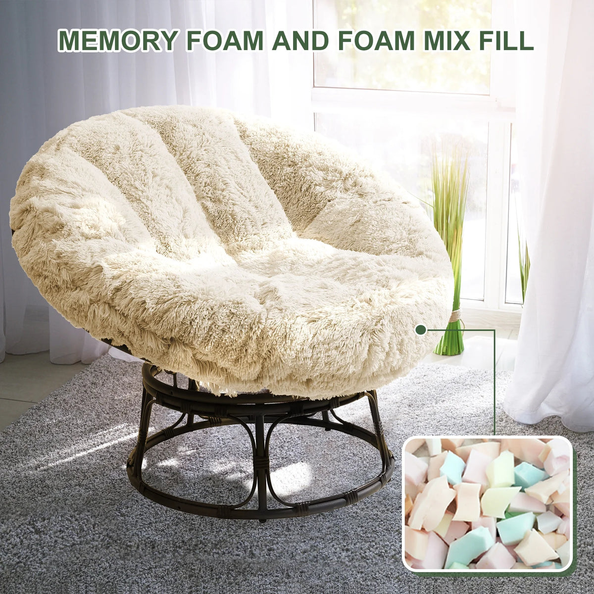White 48X48 Inch Papasan Chair Cushion with Faux Fur Cover L41196
