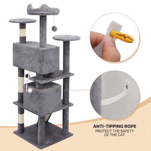 60 Inch Smoky Grey Cat Tree with 2 Cat Condo and Scratching Post G11491