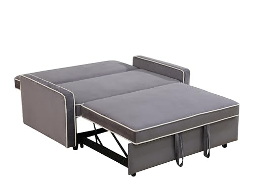 Grey 3 in 1 Convertible Sleeper Sofa with Pullout Bed Flannel 2 Seater Futon Loveseat Couch Bed O797033