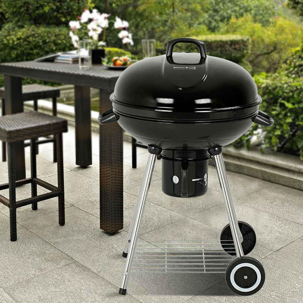 22" Round Portable Charcoal Kettle Grill With 2 Wheels, Black M5590