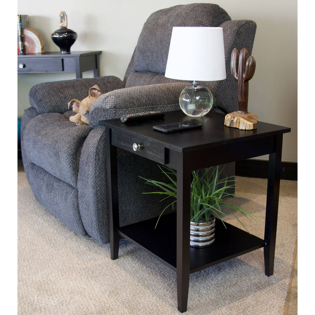 Acacia Wood 1-Drawer End Table with Shelf in Black Z5036