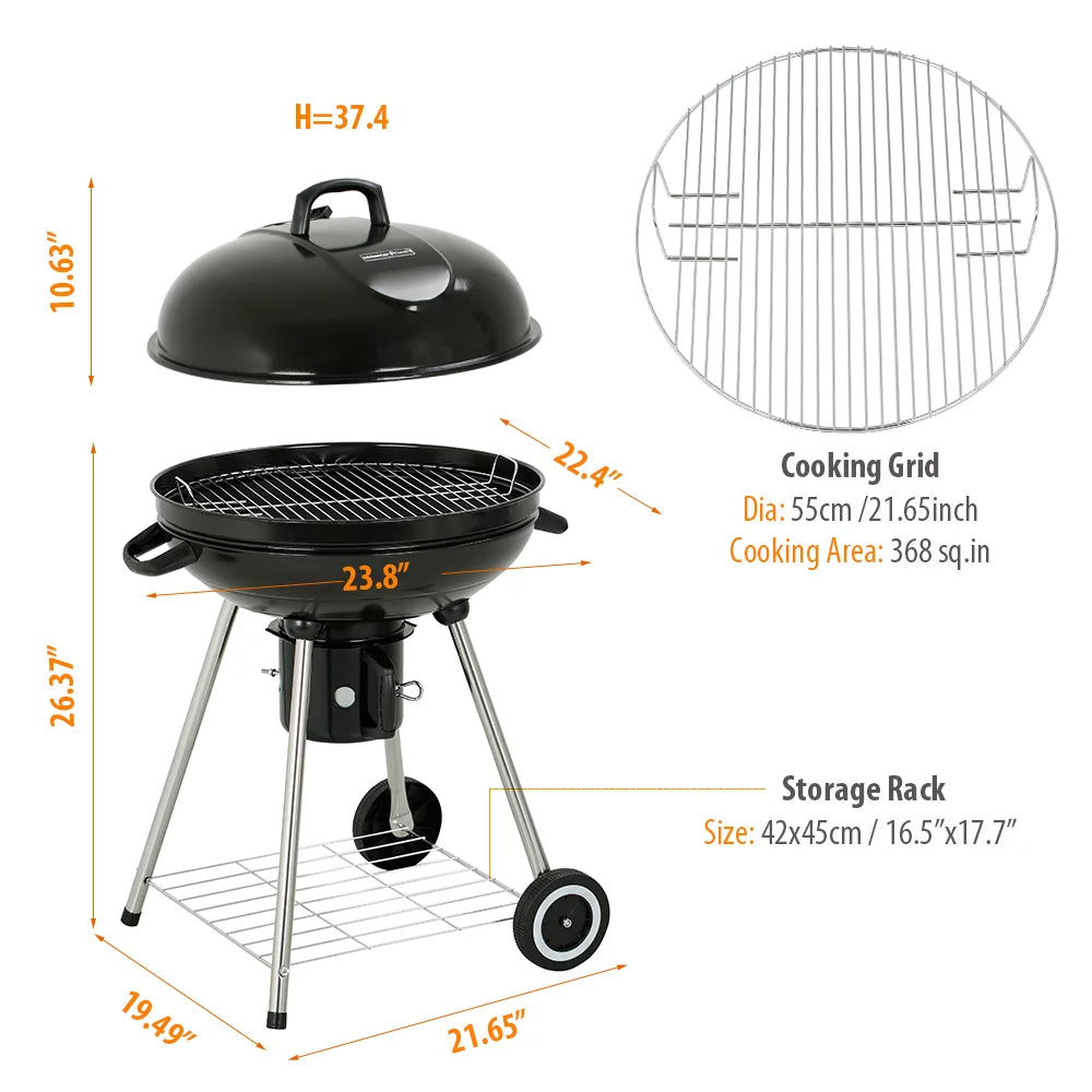 22" Round Portable Charcoal Kettle Grill With 2 Wheels, Black M5590