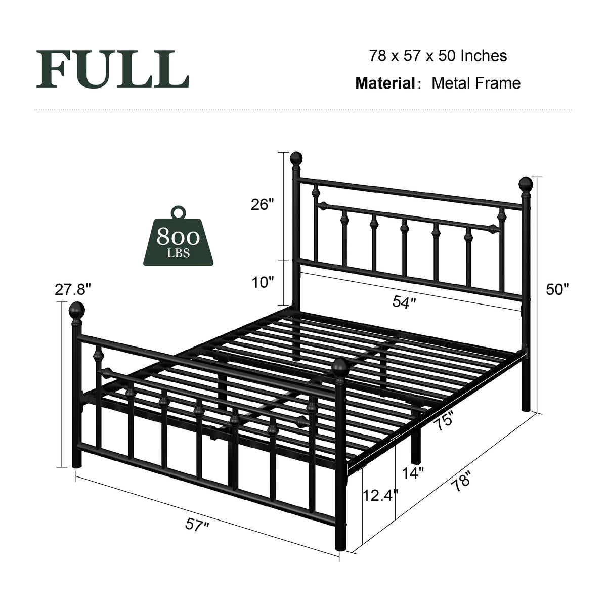 Full Size Black Metal Platform Bed Frame with Headboard and Footboard Z530
