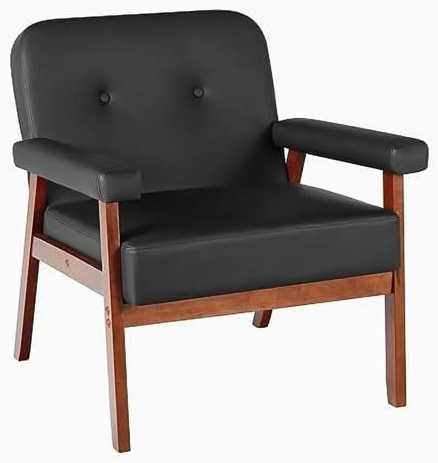 Black Faux Leather Accent Chairs Set of 2 with Wood Arms I3014