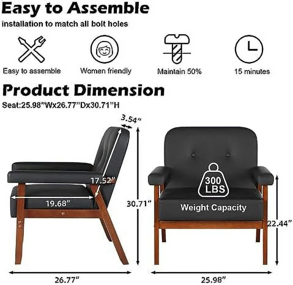 Black Faux Leather Accent Chairs Set of 2 with Wood Arms I3014